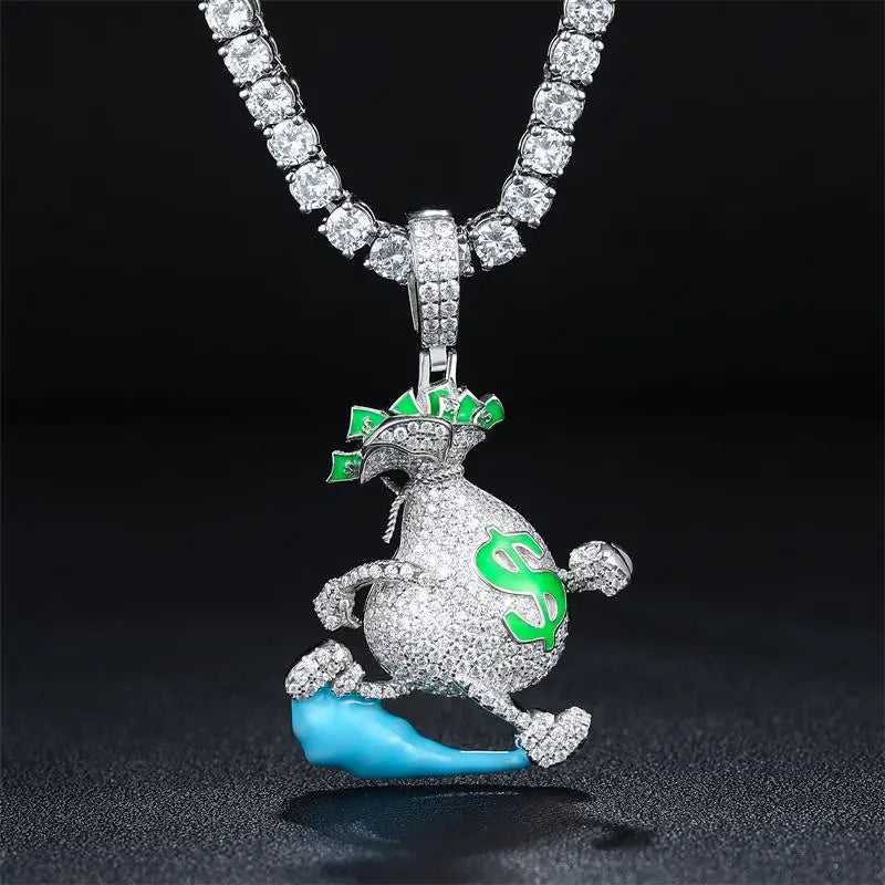 S925 Silver Fashion Personality Glowing Escape Dollar Money Bag Pendant Necklaces D Color VVS Creativity Hip Hop Jewelry Gifts