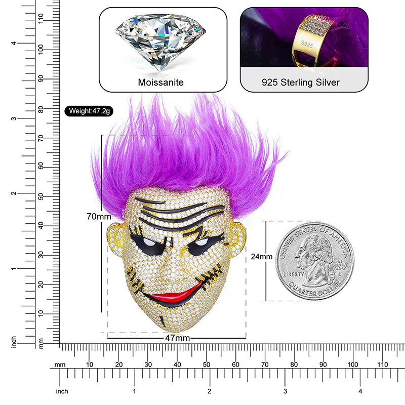 925 Sterling Silver Moissanite Fashion Clown Pendant With Purple Hair Men and Women Personality Wild Punk Necklace Jewelry Gift