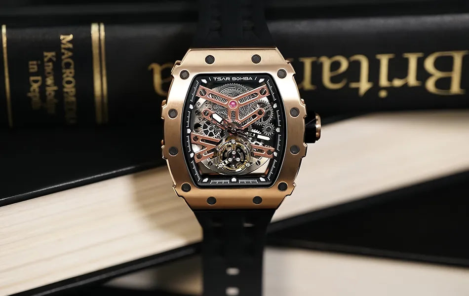 TSAR BOMBA Mens Automatic Watch MIYOTA Movement Skeleton Tonneau Waterproof Wristwatch Luxury Clock Mechanical Watch for Men